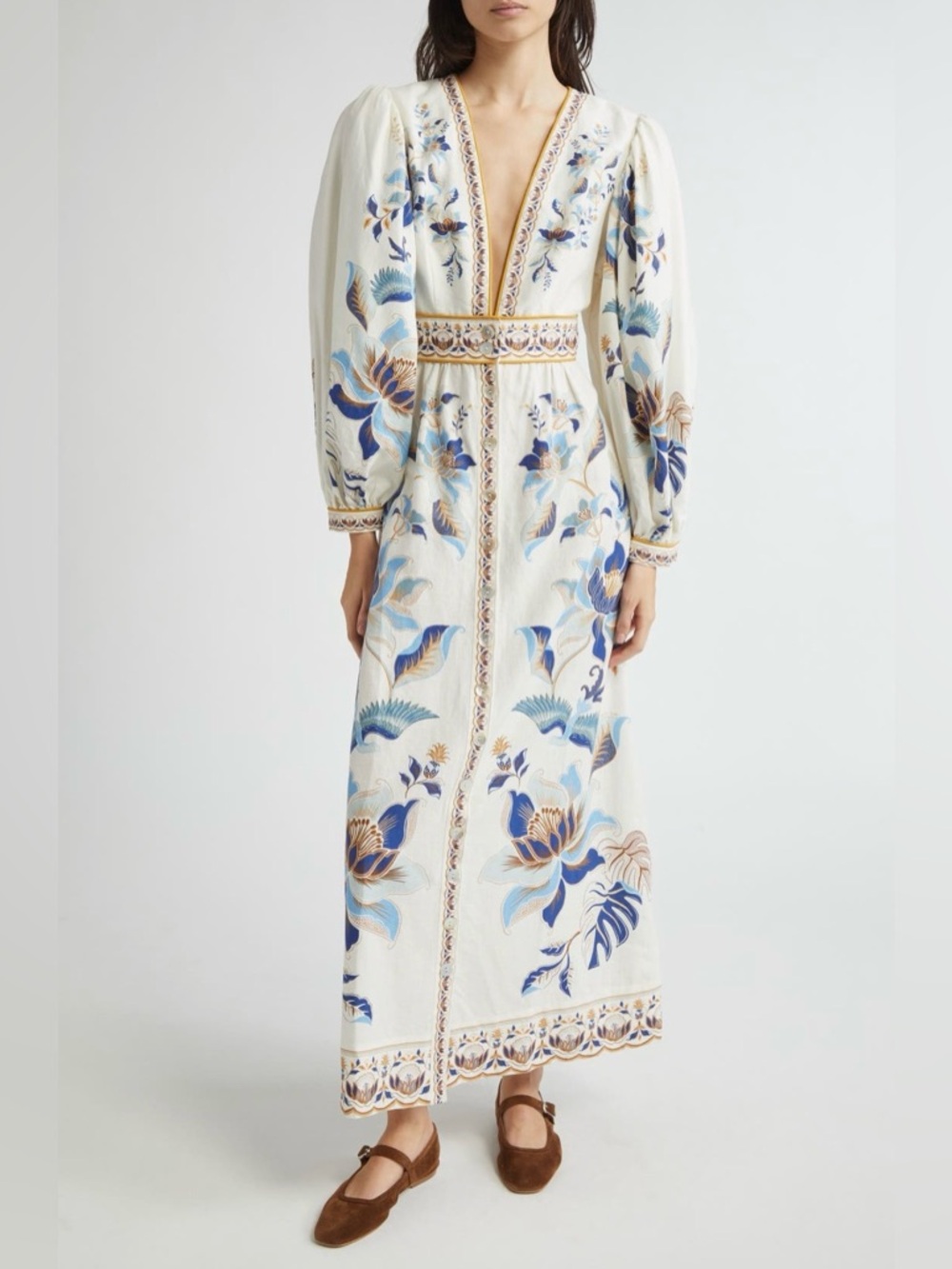 FARM Rio White Maxi Dress with Blue and Gold Floral Embroidery - Picture 2 of 16